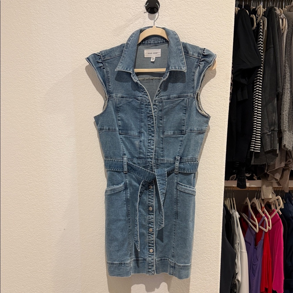 Dear John - Light Blue Sleeveless Denim Shirt Dress with Tie Belt